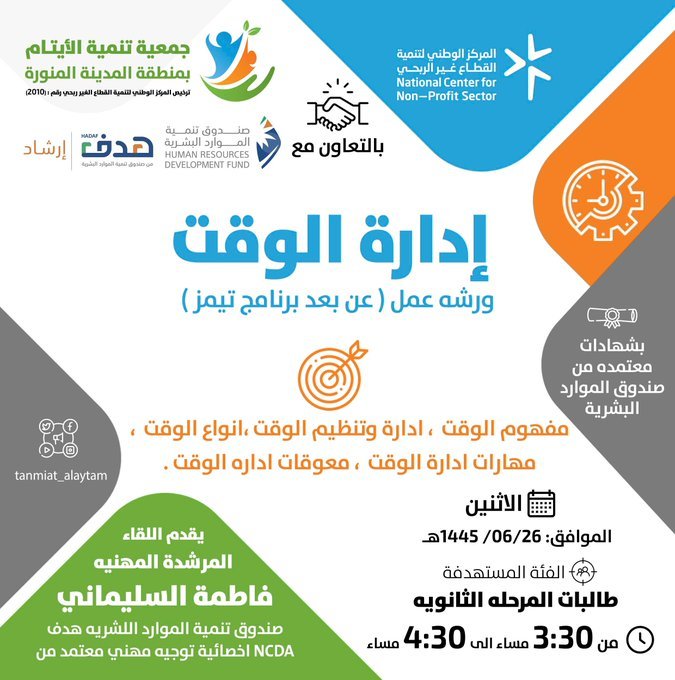 إقامة ورشة عمل (إدارة الوقت) لمستفدي الجمعية بتاريخ 2024/01/08
