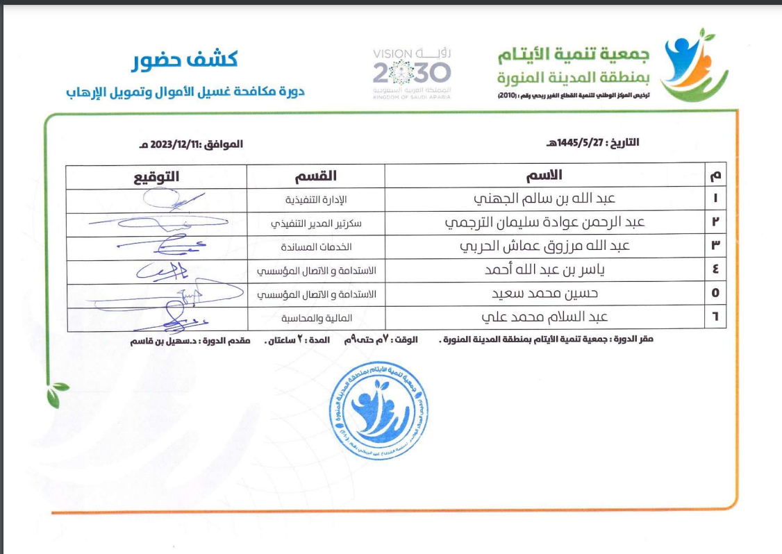 كشف الحضور دورة مكافحة غسيل الأموال وتمويل الإرهاب